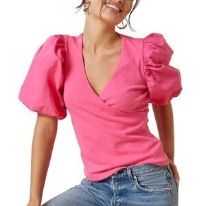 Maeve Anthropologie Puff Sleeve Wrap Top Women Size M Fushia Double Ply